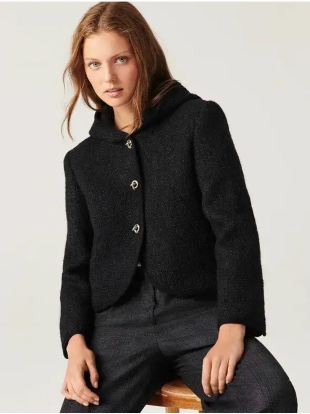 ba&sh Black Bouclé Hooded Jacket Coat Wool Blend Paris Chic